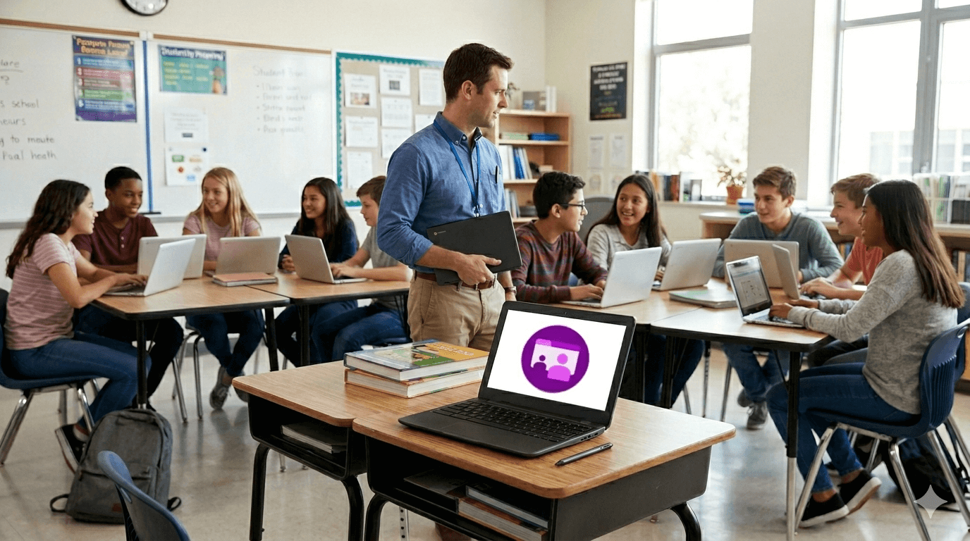 Imagen en la que varios estudiantes trabajan en un aula con un docente que usa Herramienntas de clase, la app de Google.